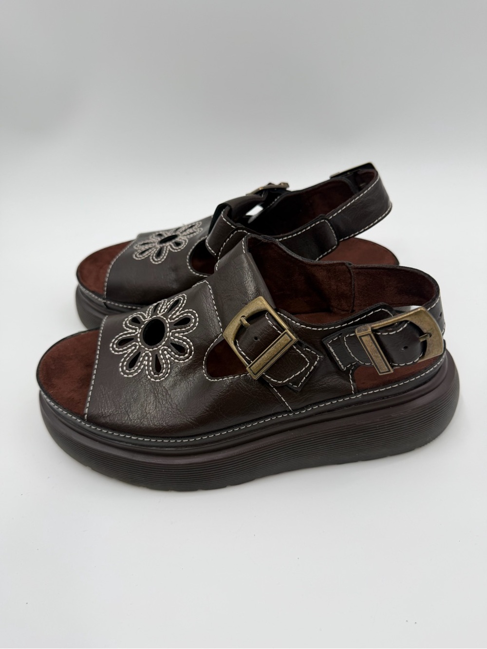 Brown Faux Leather Floral Cut Out Flatform Fisherman Sandals - Picture 4 of 6